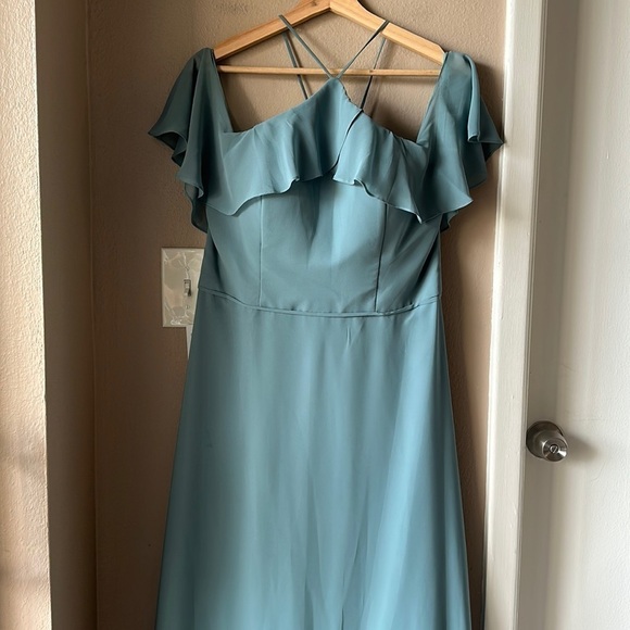 MORILEE BY MADELINE GARDNER Deep Sea Cold Shoulder Chiffon Bridesmaid Dress - Picture 6 of 16